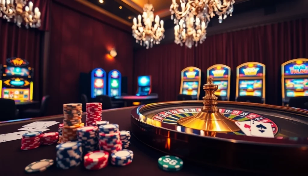 S8-themed casino scene with poker chips, roulette wheel, and slot machines