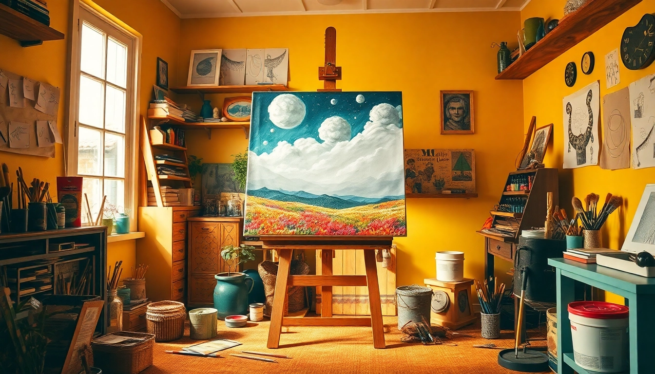 Transform your creativity with an image to prompt generator detailing an artist's vibrant studio.
