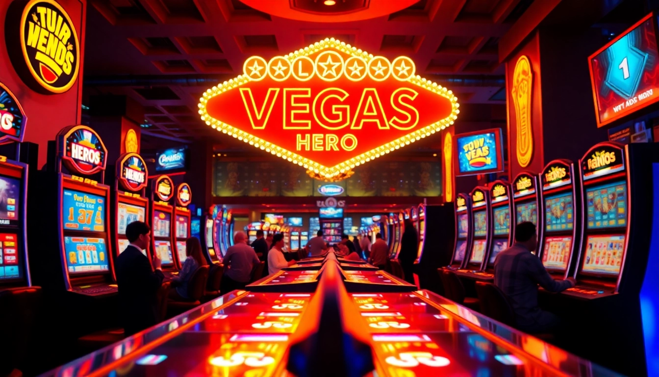 Exciting scene showcasing players enjoying games at Vegas hero casino with colorful lighting.