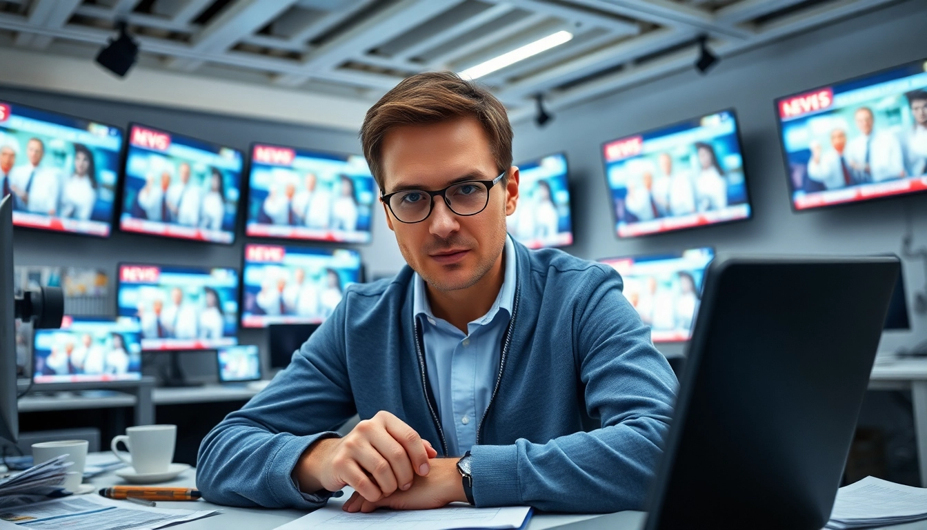Engaging news scene featuring a journalist focused on live news updates in a modern office.
