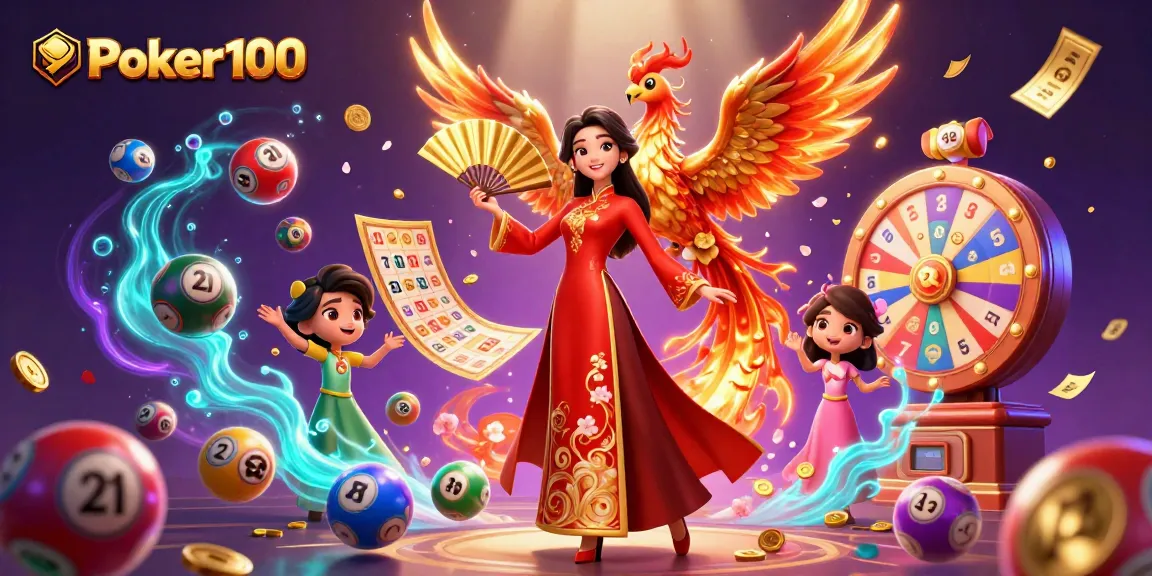 Experience the thrilling action of Poker100 with a vibrant scene featuring a 3D woman and phoenix amidst gaming elements.