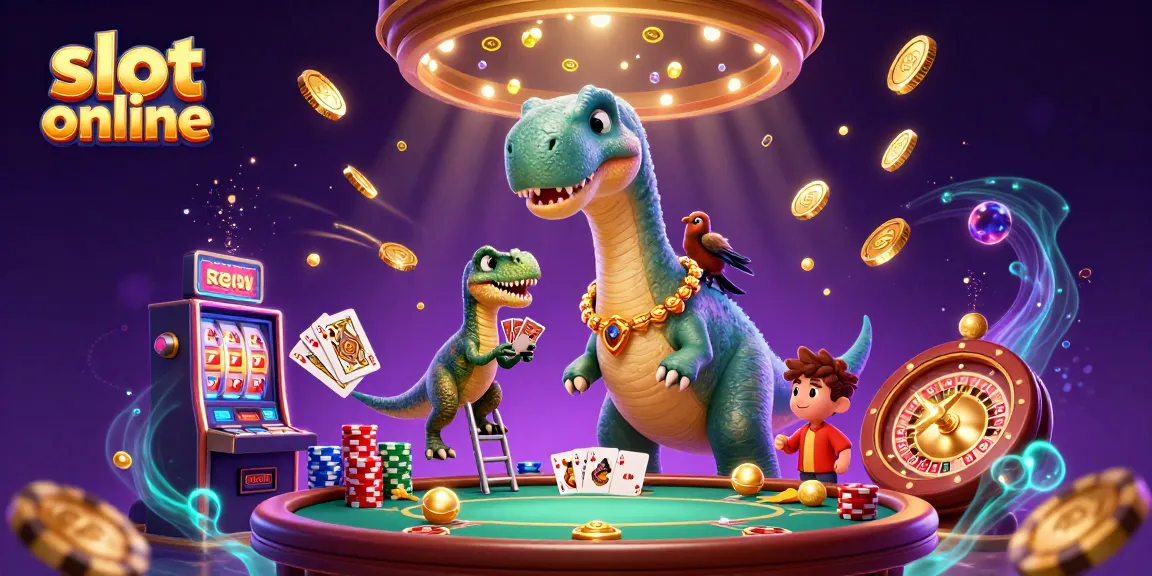 Engage with slot online fun as a cartoon brontosaurus peers down, while coins and gems explode in a dazzling casino