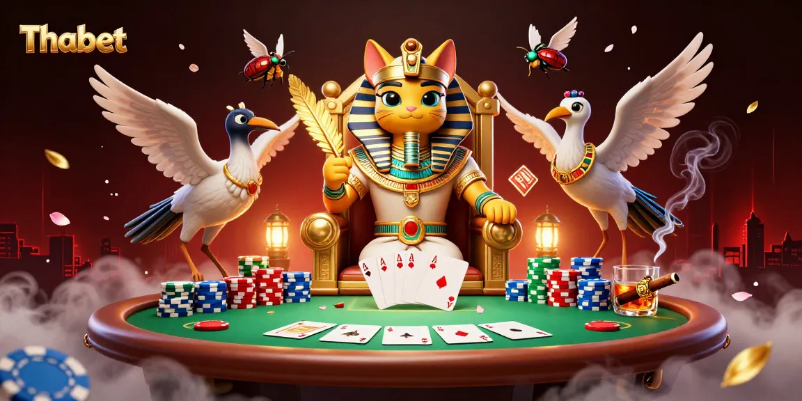 Thabet cat pharaoh strategically deals poker on an elaborate table, surrounded by thrilling game elements.