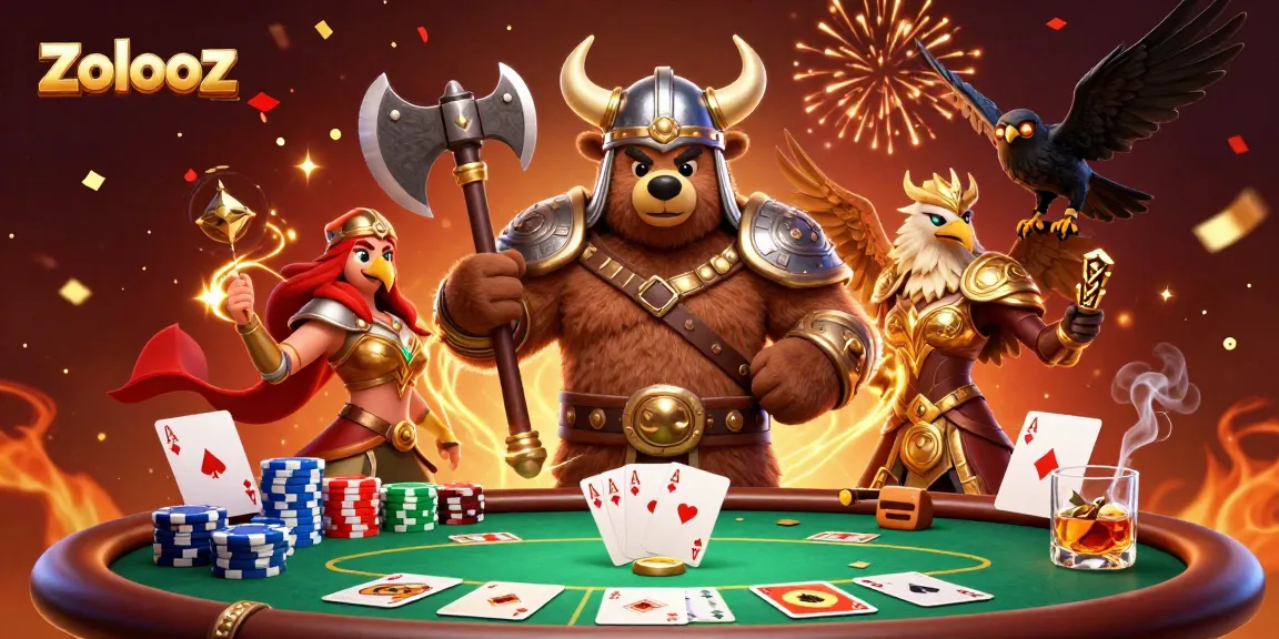 Zolooz showcases a Viking bear and Valkyrie eagle battling at a poker table amid vibrant decorations.
