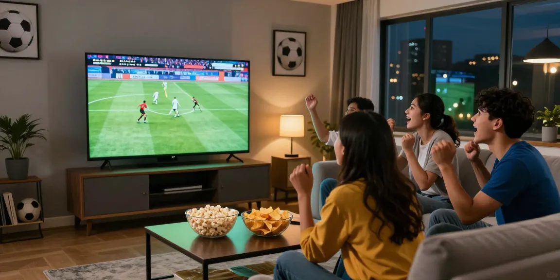 Nonton bola bersama teman di ruang tamu, suasana ceria dengan layar besar menampilkan pertandingan sepak bola.